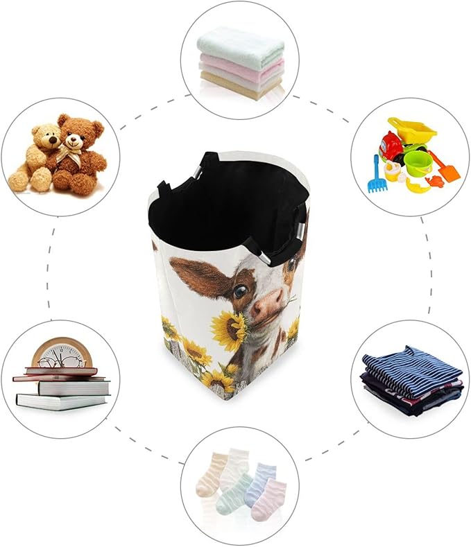 Laundry Hamper Basket Fall Farm Cow White Storage Basket Collapsible Laundry Bag with Handle Decorative Organizer Bins Basket for Laundry Room Decor Bedroom Dorm
