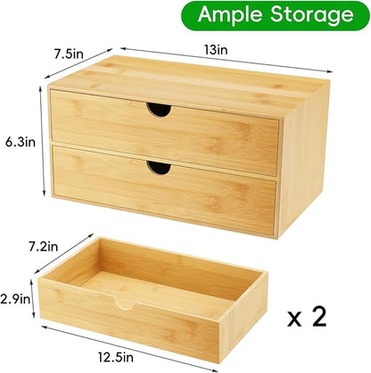 Neando Bamboo Desk Organizer with 2 Drawers, Wooden Countertop Drawers Organizer, Tabletop Storage Organization Box for Office & Home, No Assembly Needed