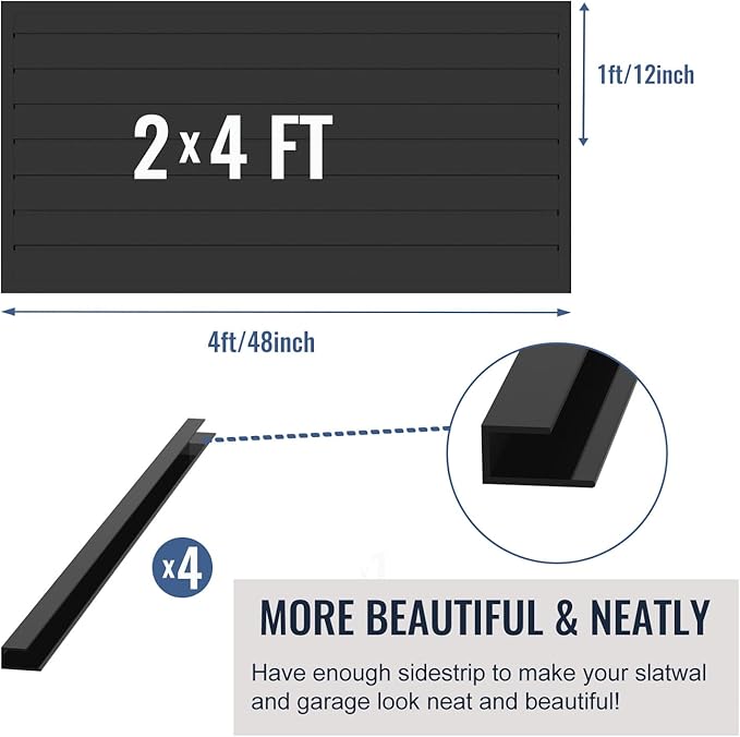 Slatwall Panel Garage Organizer PVC Slatwall Heavy Duty Wall Mounted Rack, Interlocking Slat Wall Panels for Tool Organization Peg Board (Black 4 x 2 ft)