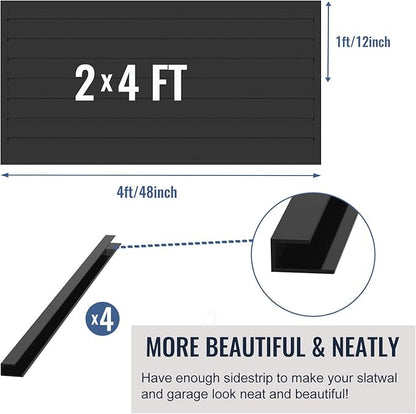 Slatwall Panel Garage Organizer PVC Slatwall Heavy Duty Wall Mounted Rack, Interlocking Slat Wall Panels for Tool Organization Peg Board (Black 4 x 2 ft)