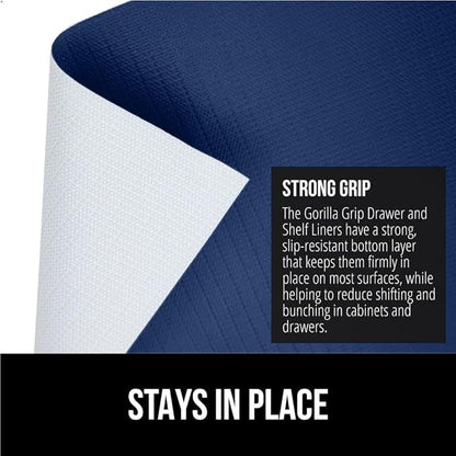 GORILLA GRIP DripGuard Shelf Liner, Non Adhesive Drawer and Kitchen Cabinet Protector, Slip Resistant BPA Free Smooth Surface Plastic Liners for Cabinets, Bathrooms, Closets, 17.5x120 Inch, Navy Blue