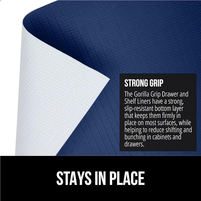 GORILLA GRIP DripGuard Shelf Liner, Non Adhesive Drawer and Kitchen Cabinet Protector, Slip Resistant BPA Free Smooth Surface Plastic Liners for Cabinets, Bathrooms, Closets, 12x240 Inch, Navy Blue