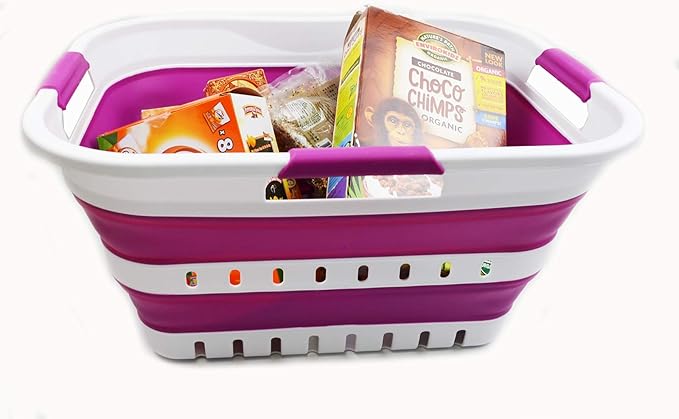 SAMMART 30L (8 gallon) Collapsible 3 Handled Plastic Laundry Basket - Foldable Pop Up Storage Container/Organizer - Space Saving Hamper/Basket (White/Purple)