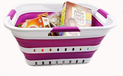 SAMMART 30L (8 gallon) Collapsible 3 Handled Plastic Laundry Basket - Foldable Pop Up Storage Container/Organizer - Space Saving Hamper/Basket (White/Purple)