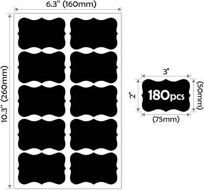 180Pcs Chalkboard Labels for Jars, Waterproof Reusable Blackboard Stickers with 1 Liquid Chalk Markers, Organization Labels Removable (Black, Wavy)