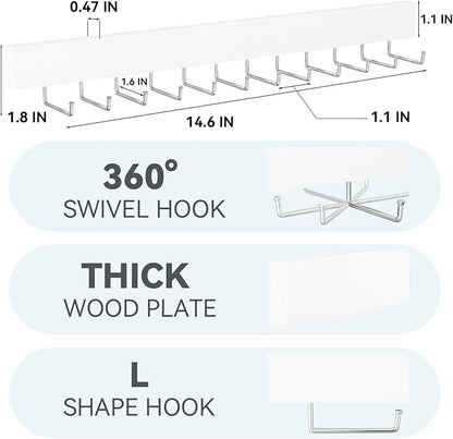 HOMEBROS Tie Rack Wall Mount, Adhesive Wooden Closet Tie Hanger with 24 Metal Hooks, Large Capacity, 2 Installation Options, White, 2 Pcs