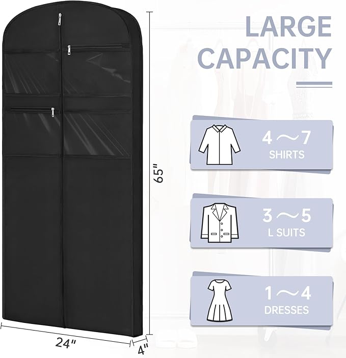 65" Garment Bag for Travel for Hanging Clothes Storage Hanging Suit Cover with Zipper and Accessory Storage for Coats, Dresses, Suits