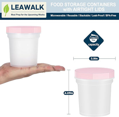 LEAWALK Twist Top Deli Containers, Plastic Soup Container With Lids,Freezer Food Storage BPA Free, Leak Proof, Stackable, Microwave Dishwasher Safe (Pink 16OZ-6Pack)