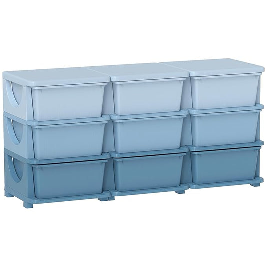 Qaba 3 Tier Kids Storage Unit, Toy Organizers and Storage with 9 Drawer Chest for Kids Bedroom Nursery Kindergarten Living Room for Boys Girls Toddlers, Blue