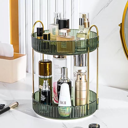 Satpurush 360° Rotating Makeup Organizer, 2 Tier Spinning Cosmetic Organizer for Vanity & Bathroom Countertop, Holds Tall Skincare Bottles, Perfume & Beauty Accessories – Clear Green