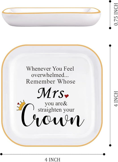PUDDING CABIN Mrs Ring Dish, Engagement&Wedding Gifts for Women, Bridal Shower Present,Ceramic Jewelry Tray, 4.5"