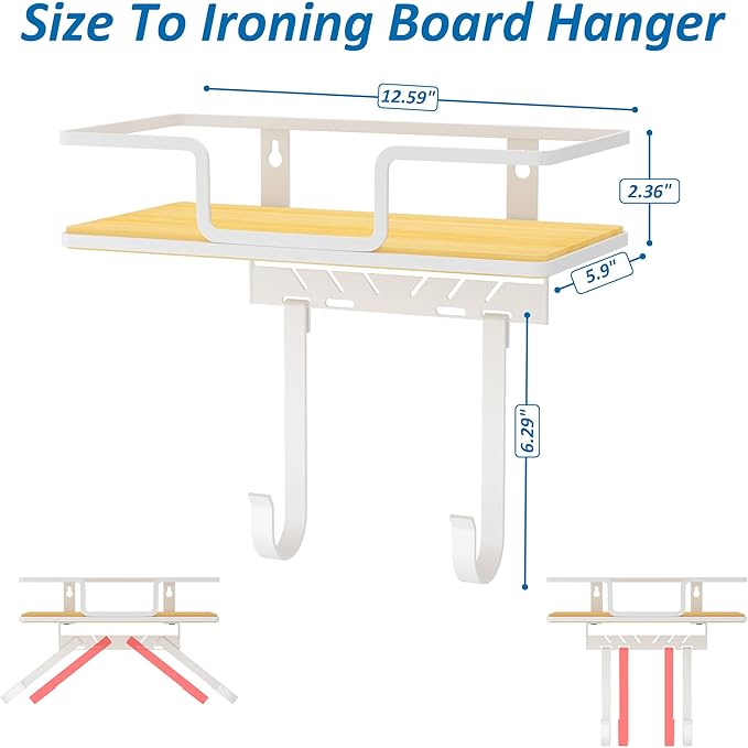 efluky Ironing Board Hanger Wall Mount with Removable Hooks, Ironing Board Holder Organizer Compatible with T/Leg & Y/Leg Ironing Boards, Space Saving Laundry Room Storage, 12.59"x5.9"x2.36", White