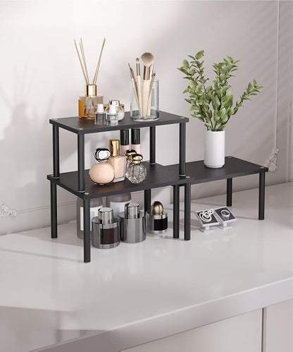 Cabinet Organizer Shelf(Set of 3),Bamboo Kitchen Counter Shelves for Countertop and Cabinet,Stackable Shelf Spice Racks,Medium (Black)