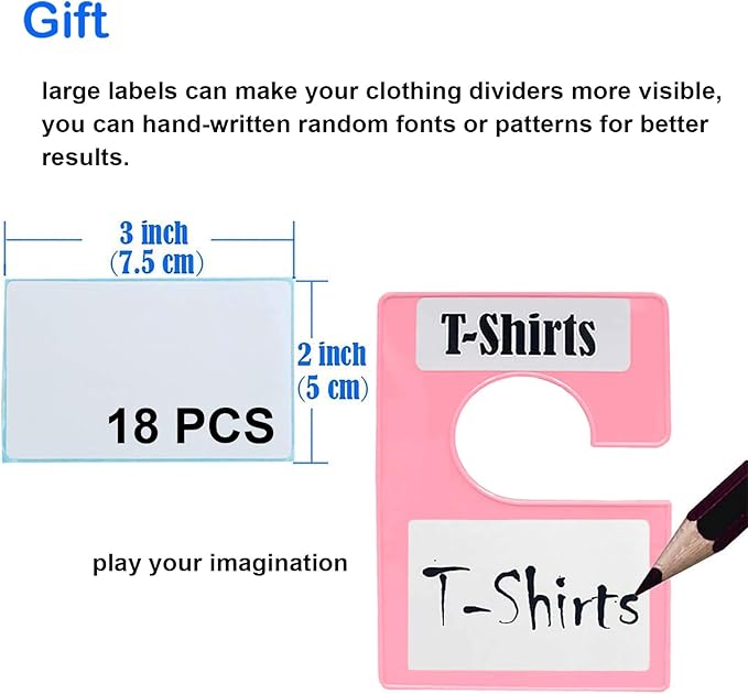 16 Pack White Clothing Rack Size Dividers Plus 45 Labels (1 Inch) and 18 Large Blank Labels, Large Rectangular Clothing Closet Dividers (Pink)