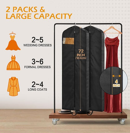 MISSLO 72" Wedding Dress Garment Bag Waterproof Garment Bags for Travel for Women Dress Bags for Gowns Long for Closet Storage 2-Pack, Black