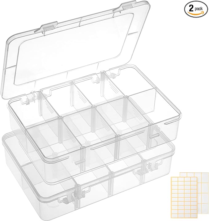 QUEFE 2 Pack 8 Grids Bead Organizers and Storage, Plastic Organizer Box with Removable Dividers Tackle Box Organizer for Candies Snacks Electronics Jewelry Small Parts