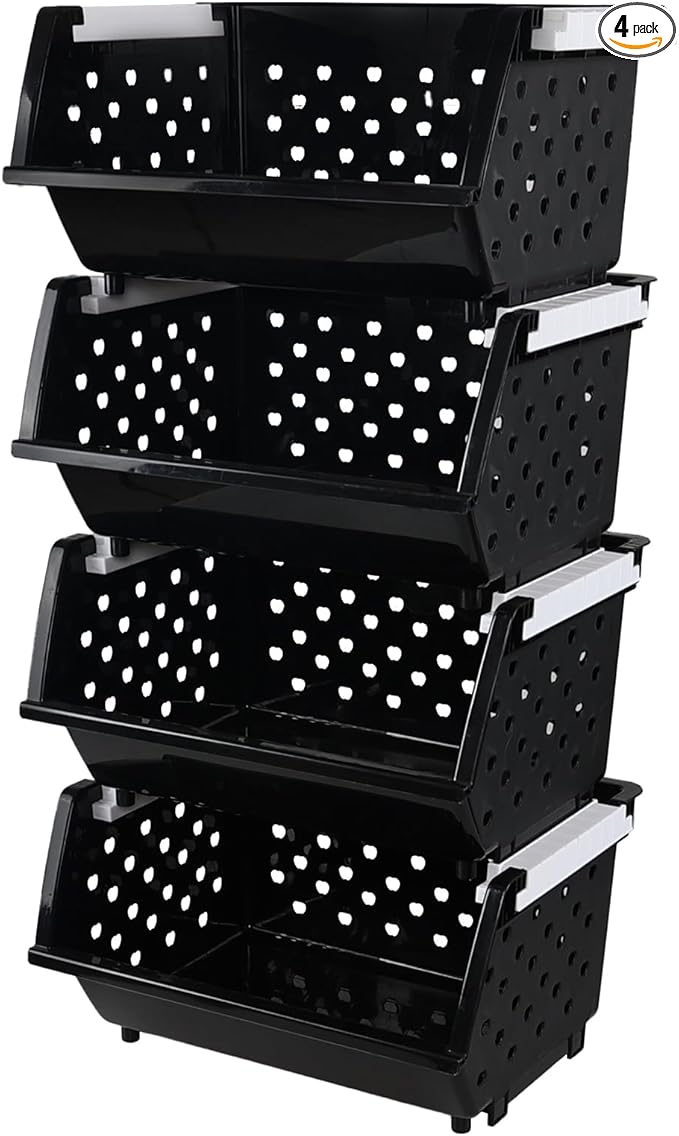 Plastic Stacking Storage Basket 4 Packs, Stackable Organizer Baskets Bin, Black