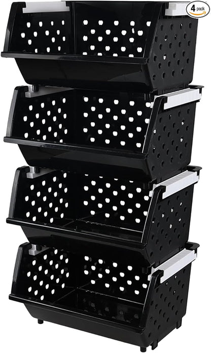 Plastic Stacking Storage Basket 4 Packs, Stackable Organizer Baskets Bin, Black