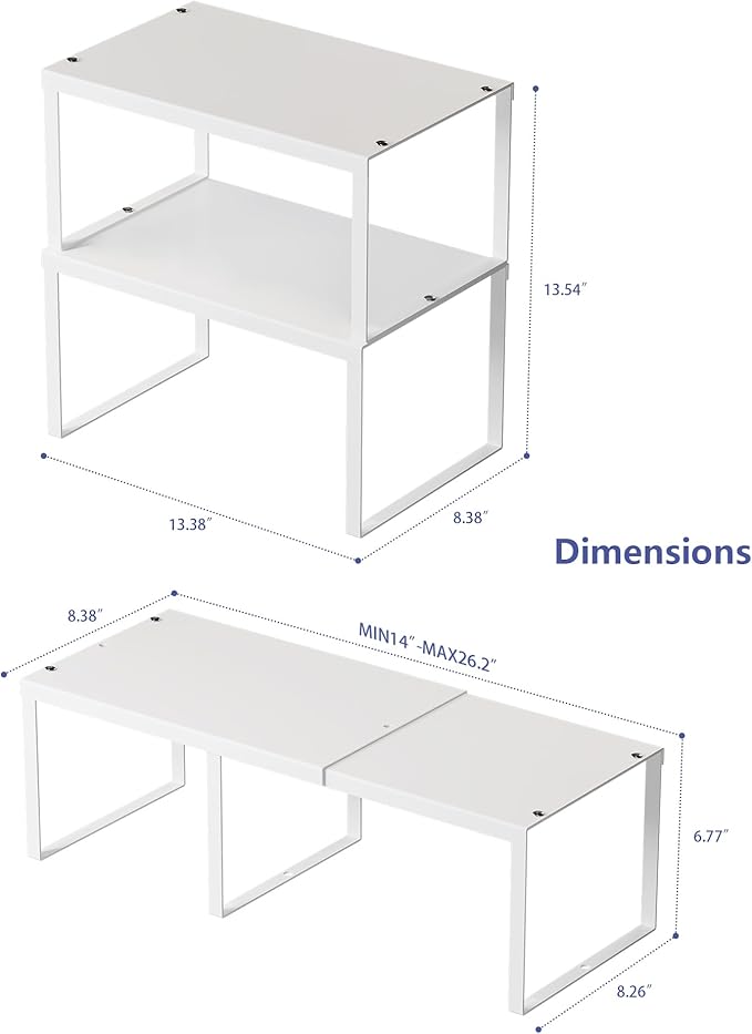 HHVACUUN Cabinet Organizer Shelf, Set of 2 Cabinet Shelves, Stackable Metal Kitchen Counter Organizer, Adjustable Countertop Cupboard Pantry Shelf Riser Storage Rack, WHite