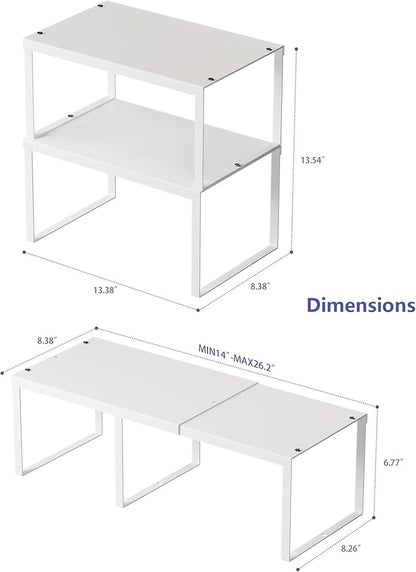HHVACUUN Cabinet Organizer Shelf, Set of 2 Cabinet Shelves, Stackable Metal Kitchen Counter Organizer, Adjustable Countertop Cupboard Pantry Shelf Riser Storage Rack, WHite