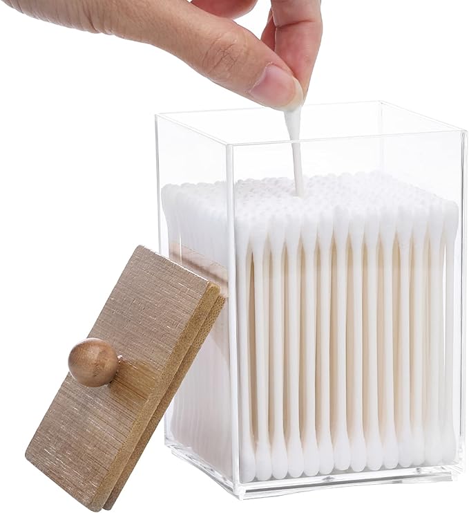 Tbestmax 12 OZ Cotton Swab/Ball/Pad Holder, Qtip Apothecary Jar, Clear Bathroom Containers Dispenser for Storage 4 Pack Wood Lids