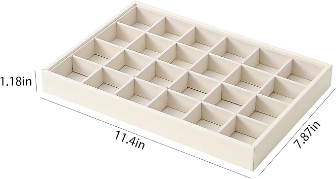 Stackable Jewelry Organizer Tray For Drawers,White Leather Small Earring Storage Tray,Bracelet And Necklace Display Box,Jewelry Ring Display Case (Creamy White 24 Grids)