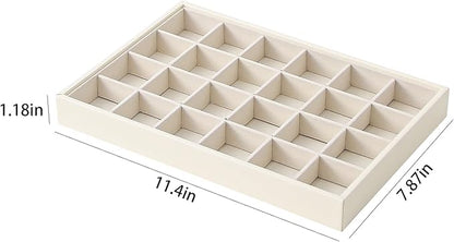 Stackable Jewelry Organizer Tray For Drawers,White Leather Small Earring Storage Tray,Bracelet And Necklace Display Box,Jewelry Ring Display Case (Creamy White 24 Grids)