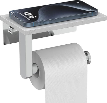 Marble Toilet Paper Holder with Shelf, Evolvegoods Chrome Bathroom Toilet Paper Holder Wall Mount, 304 Stainless Steel Modern Toilet Paper Roll Holder Storage Tissue Holder