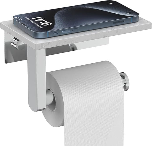 Marble Toilet Paper Holder with Shelf, Evolvegoods Chrome Bathroom Toilet Paper Holder Wall Mount, 304 Stainless Steel Modern Toilet Paper Roll Holder Storage Tissue Holder