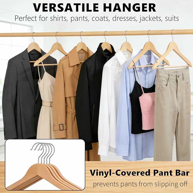 Natural Wooden Coat Hangers, Durability Wood Suit Hangers with Non Slip Pant Bar, Solid Wooden Clothes Hangers with Wide Shoulder Design for Shirts, Jackets, Dress, Pants, Sweaters, 30 Pack