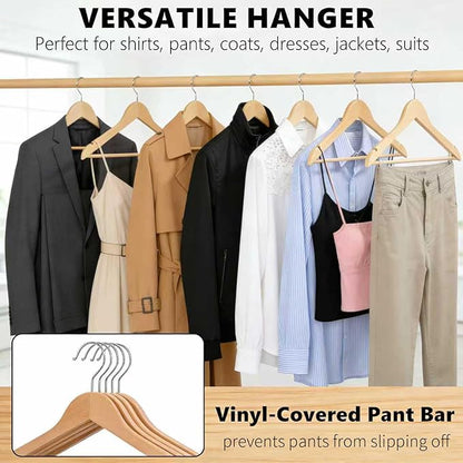 Natural Wooden Coat Hangers, Durability Wood Suit Hangers with Non Slip Pant Bar, Solid Wooden Clothes Hangers with Wide Shoulder Design for Shirts, Jackets, Dress, Pants, Sweaters, 30 Pack