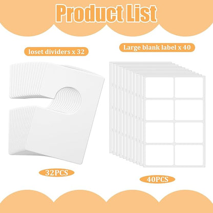 32 Pack Closet Dividers for Hanging Clothes Clothing Size Dividers,Size Markers for Clothing White Clothings Rack Reusable Closet Separators with 40 Labels Rectangular Clothings Closets Divider