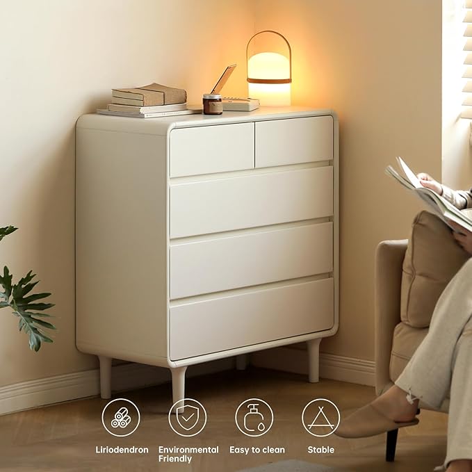 Vadisun 5-Drawers White Wood Nightstand, Mid Century Modern Nightstands, Night Stand for Bedroom, Wood Bedside Tables for Dorm, Sturdy(Rubberwood, 36" H)
