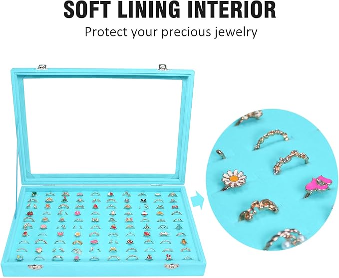 Rings Organizer Tray 100 Slot Velvet Ring Earring Storage Box TranSparent Cover Jewelry Store Ring Display Box Jewelry Display Cabinet for Girl Wife Mother