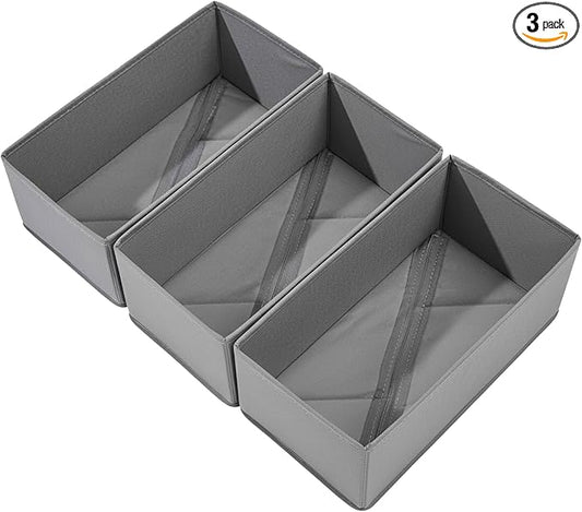 Sock Drawer Organizer Set of 3 Pack Gray, 11" Small Collapsible Fabric Underwear Dividers, Closet Foldable Dresser Storage Bins
