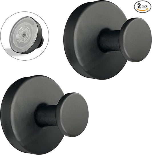 Welsa Suction Cup Hooks for Shower - 2 Pack, Matte Black - Stainless Steel, Strong Suction, No Drill, Removable Hanger, Tile Bathroom Kitchen Wall, Glass Door, Mirror Hook Hanging Robe, Towel Holder