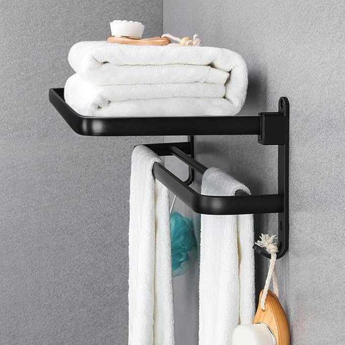 Towel Rack for Bathroom, Bath Towel Holder with Double Towel Bar and Foldable Towel Shelf, Rustproof Towel Organizer Wall Mounted Towel Storage Hanger for Bath/Balcony/Lavatory(24In Black)
