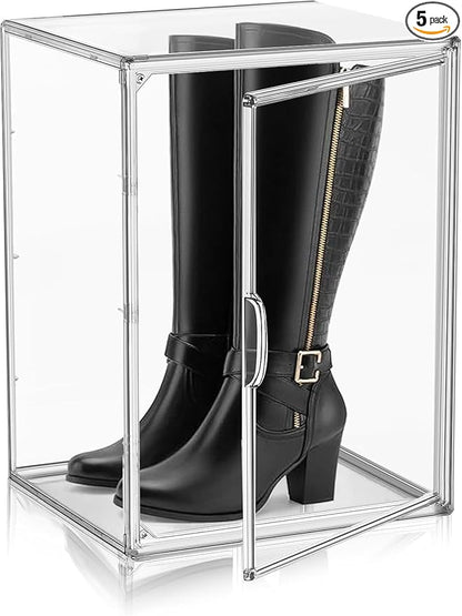 Tall Boot Storage Box 5 Pack, XX-Large Acrylic Shoe Box Sneaker Display Case 11.4'' x 9.8'' x 15.3'' Protection Organizer for Collectibles Clear Plastic Stackable Handbag Organizer with Magnetic Lids