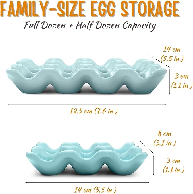 Flexzion 12 Cups Ceramic Egg Holder for Fridge - Dozen Ceramic Egg Tray Porcelain Container Storage Organizer Decorative Serving Stand Serveware for Refrigerator Countertop Display (Blue, 2 Pack)