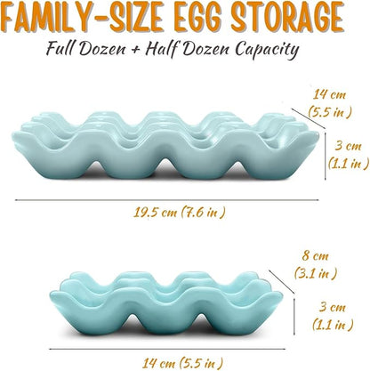 Flexzion 12 Cups Ceramic Egg Holder for Fridge - Dozen Ceramic Egg Tray Porcelain Container Storage Organizer Decorative Serving Stand Serveware for Refrigerator Countertop Display (Blue, 2 Pack)