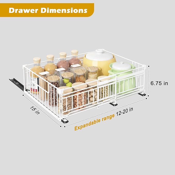 REALINN 2 Pack Pull Out Cabinet Organizer, Expandable(12"-20") Slide Out Drawers 3 Slide Rails Fix with Adhesive or Screw, Roll Out Shelves for Kitchen Cabinet Organization, White, 6.75in height