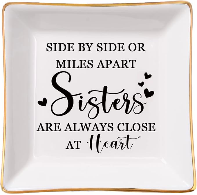 Spegiffu Sister Gifts Trinket Jewelry Dish- Side by side or miles apart, sisters are always close at heart, Sisters Birthday Gifts Mother's Day Valentines Christmas Gift for Sister from Sister