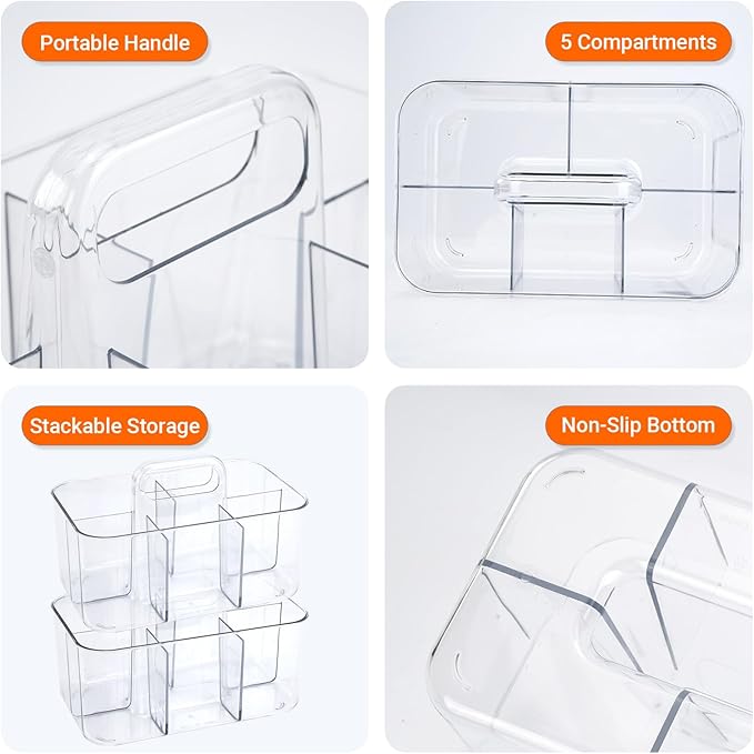 2 Pack Clear Caddy Organizer with Handle, Portable Art Supply Storage Organizers, Plastic Tote Holder for Shower, Dorm, Bathroom, Crafts, Makeup, Pencils, Office School Supplies