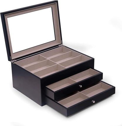Bey-Berk Luxury Designer 18 Eyeglass and Sunglass Storage Box in Real Wood, Extra Large Slots, Soft Velour Lining, Dresser Organizer
