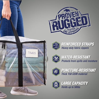 RUGGED RHINO Heavy Duty Extra Large Moving Bags, Durable Bag with Strong Handles and Zipper, Moving Boxes Alternative for College Packing, Holiday Décor, Space Saving Storage with Label, 2 Pack Clear