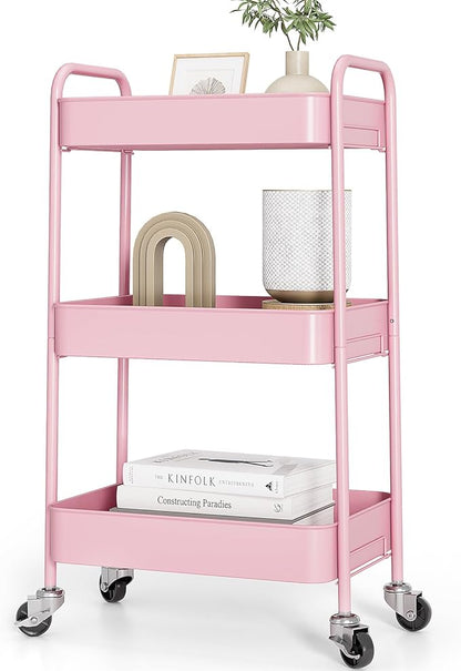 TOOLF 3-Tier Metal Rolling Cart with Wheels, Storage Utility Organizer Cart for Kitchen, Bathroom, Office, Baby Essentials & Makeup - Lockable Casters, Easy Assembly, Large Capacity, Pink