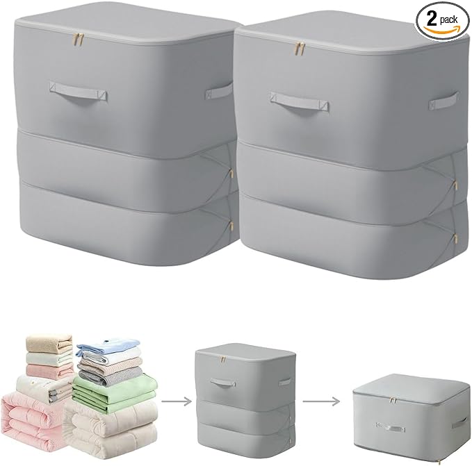 JUPITER WARRIOR Ultra Space Saving Self Compression Organizer, 3-Layer Zipper Large Capacity Storage Bag, Thick Satin Fabric Heavy Duty Bags for Comforters Blankets Bedding Duvet (Gray, X-Large, 2PCS)