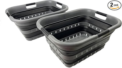 SAMMART 41L (10.8 gallon) Set of 2 Collapsible 3 Handled Plastic Laundry Basket-Foldable Pop Up Storage Container/Organizer-Portable Washing Tub-Space Saving Hamper/Basket (2, Grey/Black)