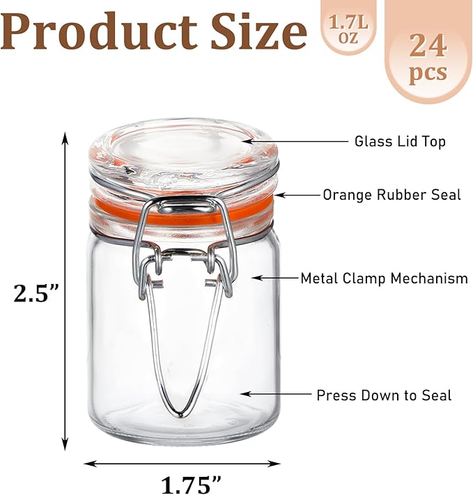 Norme 24 Pcs 1.7 oz Mini Glass Spice Jars with Airtight Hinged Lid Empty Spice Bottles with Leak Proof Rubber Gasket Small Clear Stash Jars for Home Kitchen Herb Tea Seasoning Sugar Storage Containers