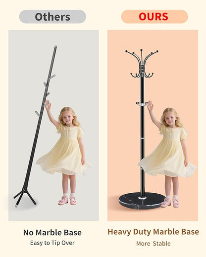 Metal Coat Rack with Natural Marble Base,360°Rotary Coat Rack Stand with 14 Hooks,Modern Freestanging Coat Racks for Entryway,Office,Black Coat Jacket Hanger Tree Stand for Coats, Scarves